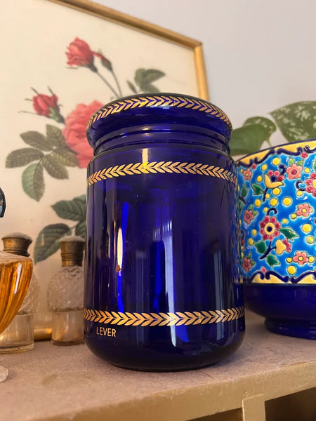 Pot vintage en verre bleu cobalt aux liserés dorés Lever