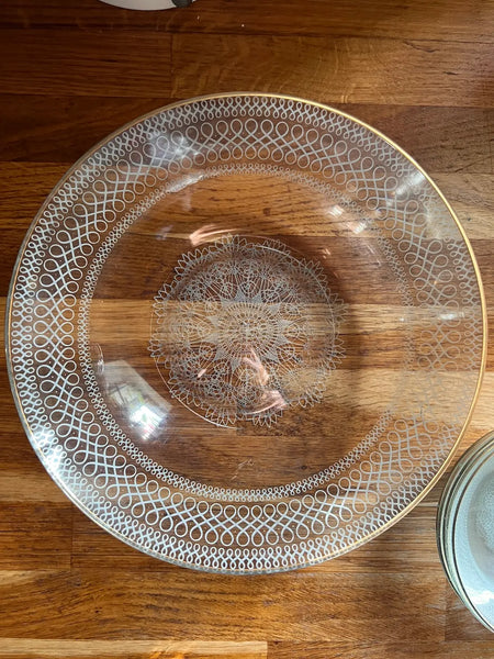 Saladier et 5 coupelles vintages en verre ou cristal motif dentelle - Années 1900