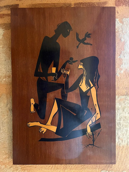 Tableau vintage en marqueterie de bois Adam et Eve 60x40cm