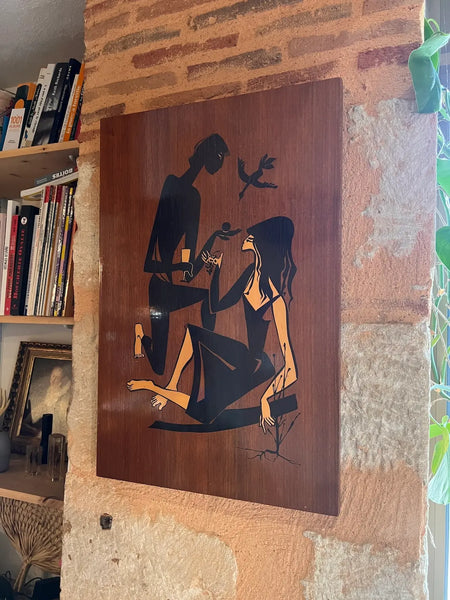 Tableau vintage en marqueterie de bois Adam et Eve 60x40cm