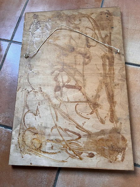 Tableau vintage en marqueterie de bois Adam et Eve 60x40cm