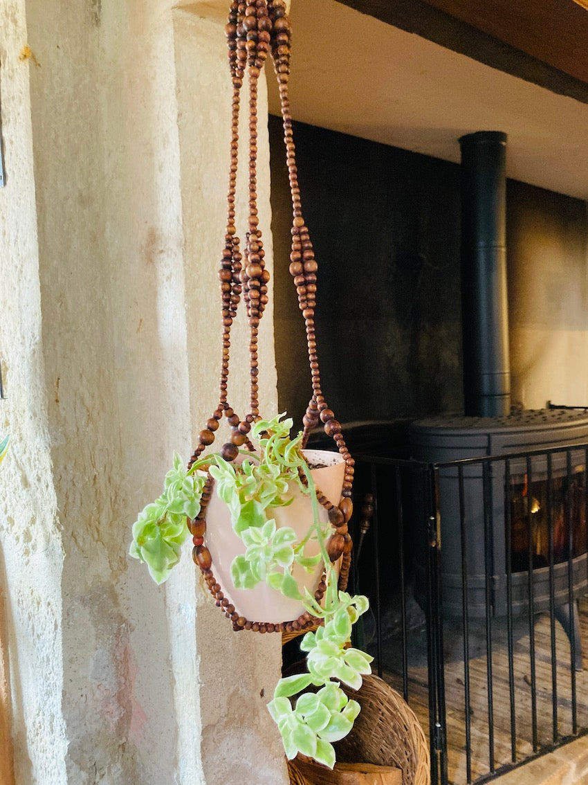 Suspension / Porte plante en billes de bois - Années 70