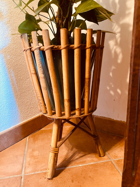 Cache-pot / Porte plante en bambou vintage en trépied