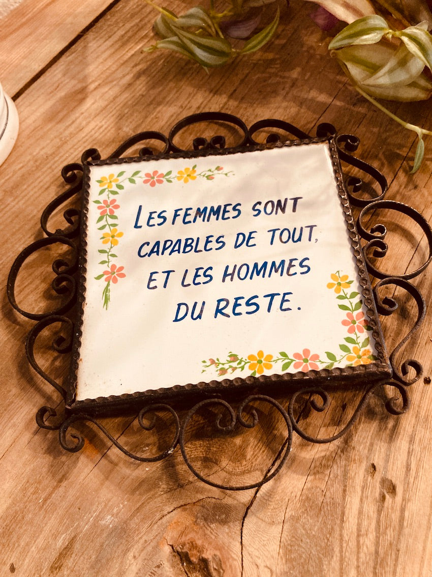 Dessous de plat / décoration murale vintage en fer forgé et céramique