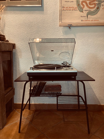 Meuble hifi / vinyle bas scoubidou vintage en bois et métal