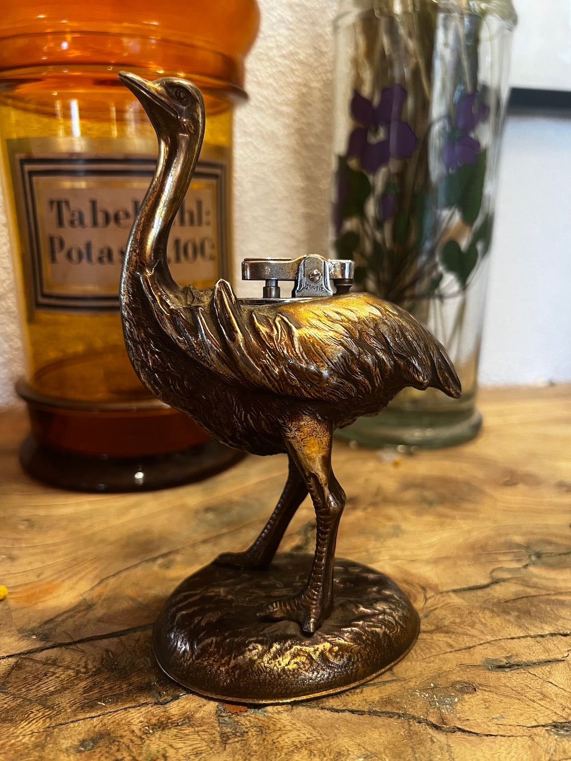 Briquet de table vintage Autruche / Emeu en cuivre patiné