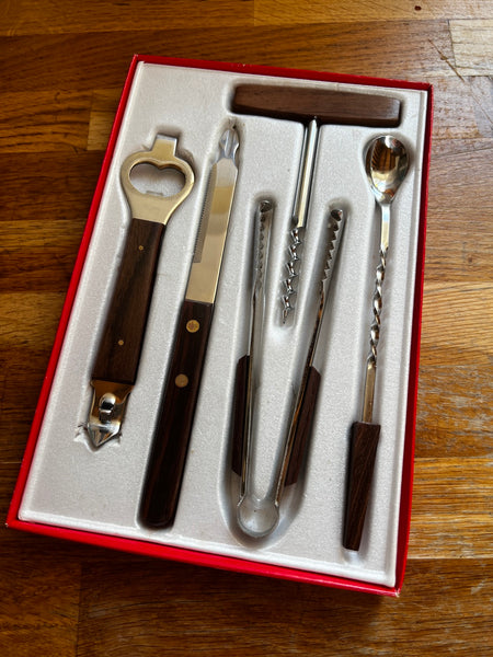 Set vintage de 5 ustensiles de barman en bois et inox - Années 70