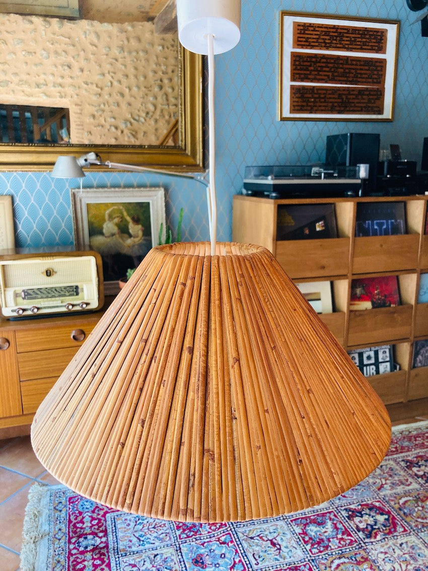 Suspension vintage avec abat-jour en rotin