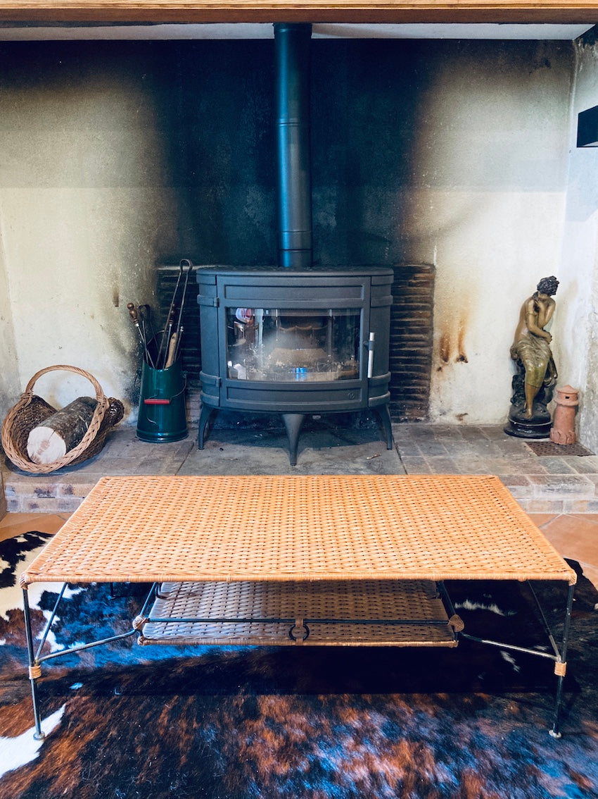 Table basse vintage en osier et fer forgé