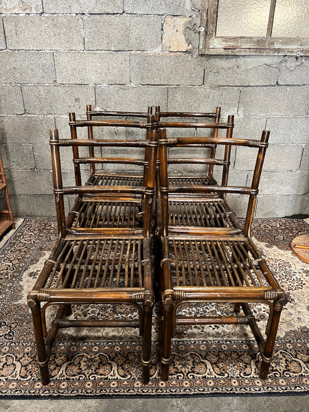 6 chaises vintages en rotin verni marron foncé
