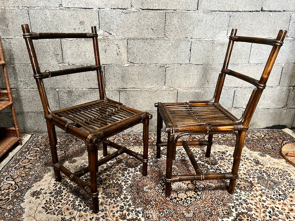 6 chaises vintages en rotin verni marron foncé