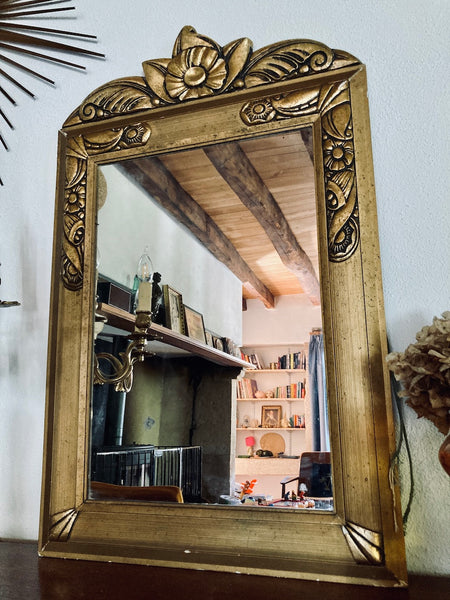 Grand miroir vintage cadre bois / stuc doré et miroir mercure 85x55cm