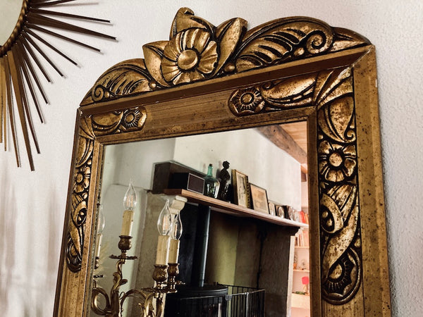 Grand miroir vintage cadre bois / stuc doré et miroir mercure 85x55cm
