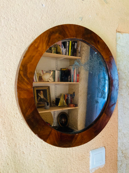 Miroir rond ancien en placage d'acajou