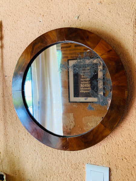 Miroir rond ancien en placage d'acajou