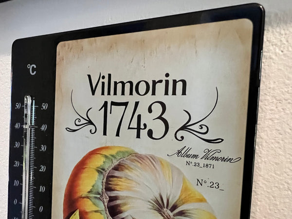 Thermomètre à mercure publicitaire en métal Vilmorin 1743