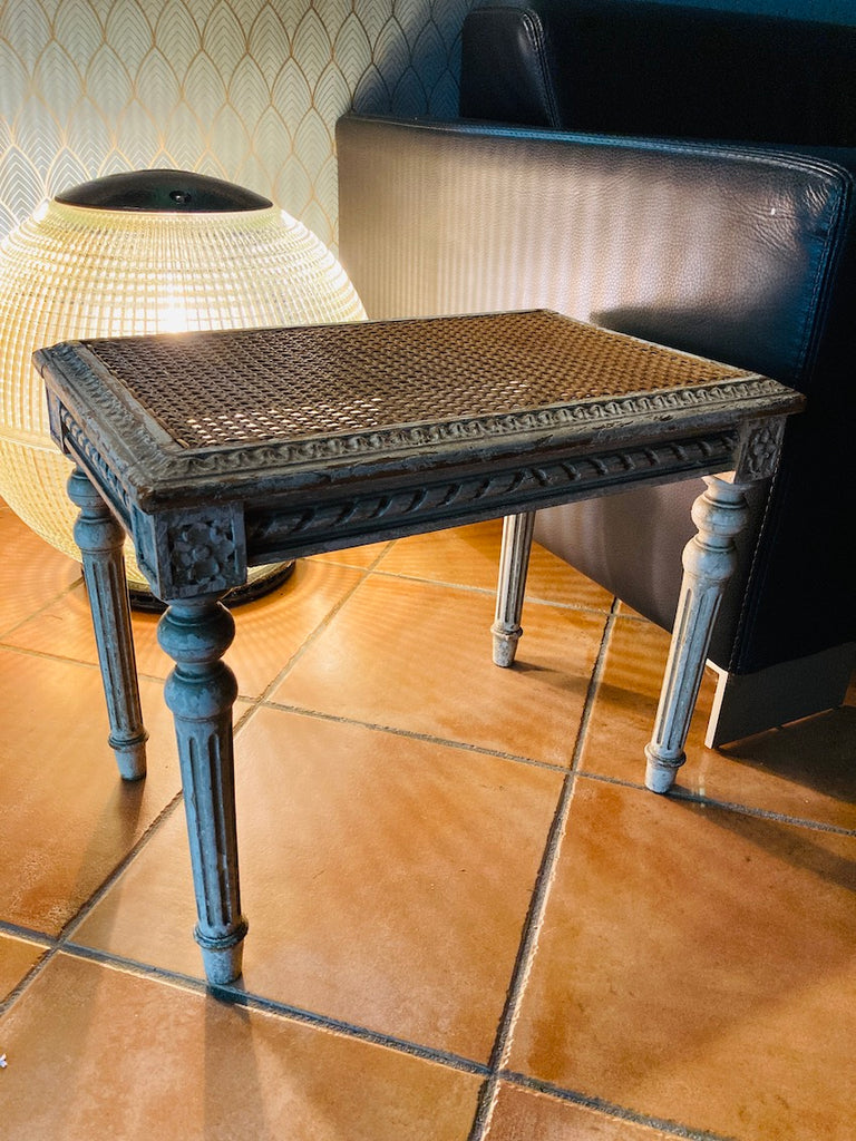 Tabouret de piano ancien : Banc méridienne avec table de chevet et table  d'appoint en bois massif, fonte, pied griffe, boule de verre bleu, style  tabouret pivotant -  Canada