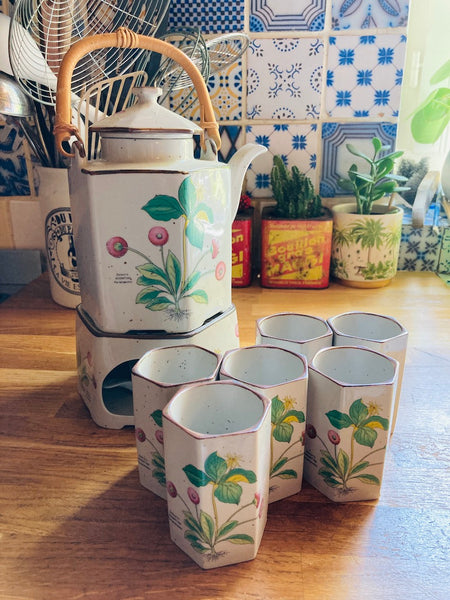 Service à thé / tisane vintage en céramique avec théière, réchaud à bougie et 6 tasses
