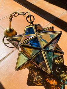 Luminaire étoile marocaine moravienne en laiton et verre de couleur