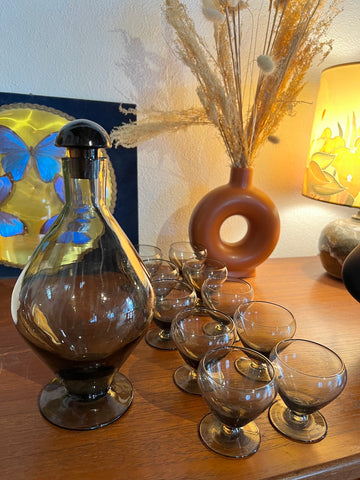 Service à liqueur vintage style Art Déco en verre soufflé marron - Made in Belgique - 1970