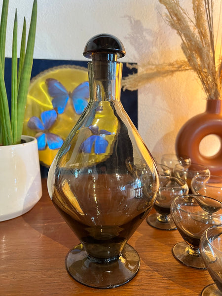 Service à liqueur vintage style Art Déco en verre soufflé marron - Made in Belgique - 1970