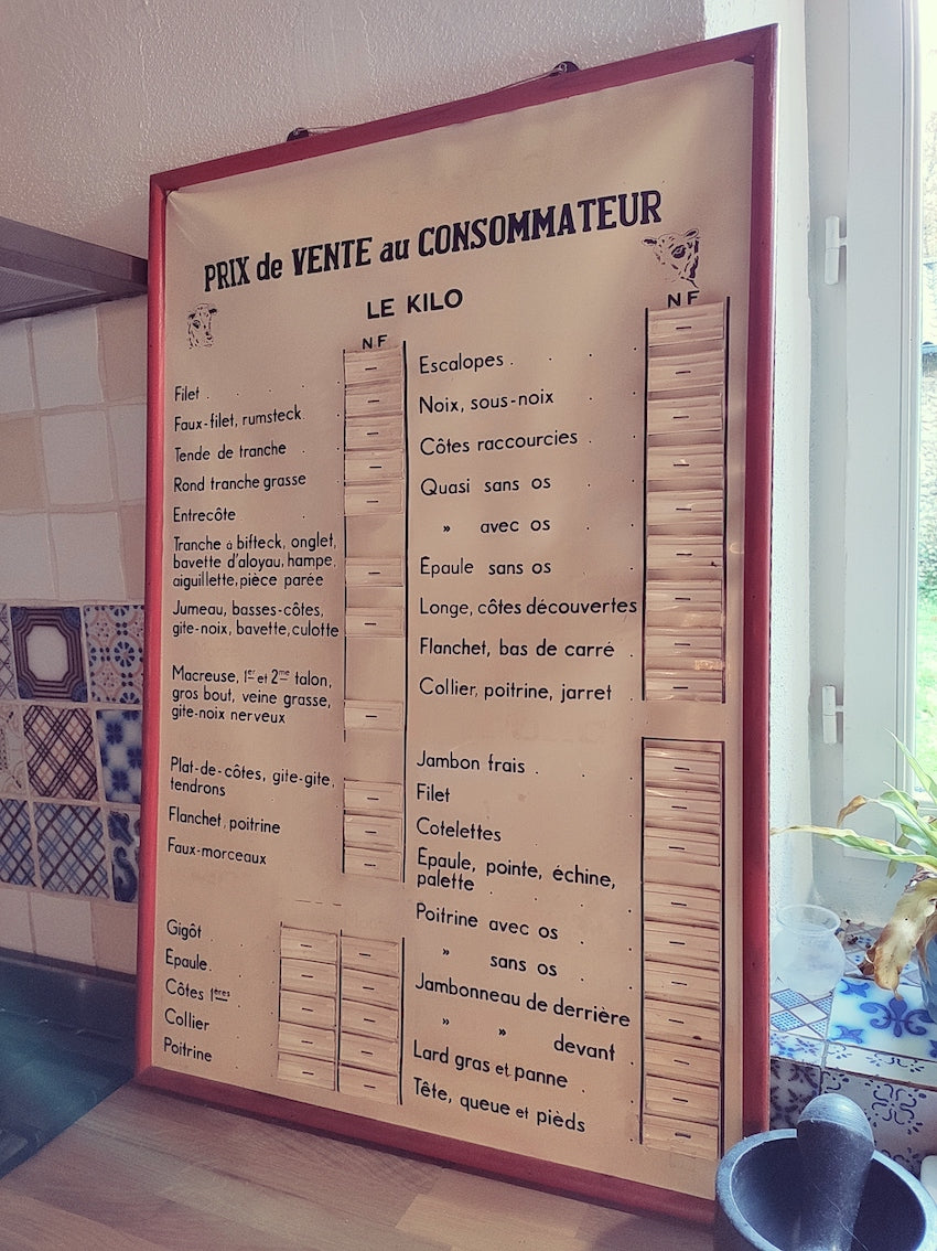 Panneau de tarifs de boucherie vintage - Le Sélectionneur - Brocante en ligne