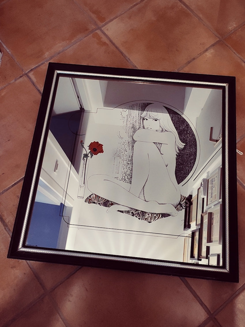 Grand miroir carré sérigraphie Tara - Stapco USA Aspell Saggers - Années 70 - Le Sélectionneur - Brocante en ligne