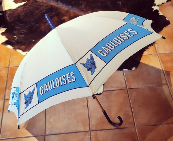 Rare parapluie vintage publicitaire Gauloises manche bois - Le Sélectionneur - Brocante en ligne