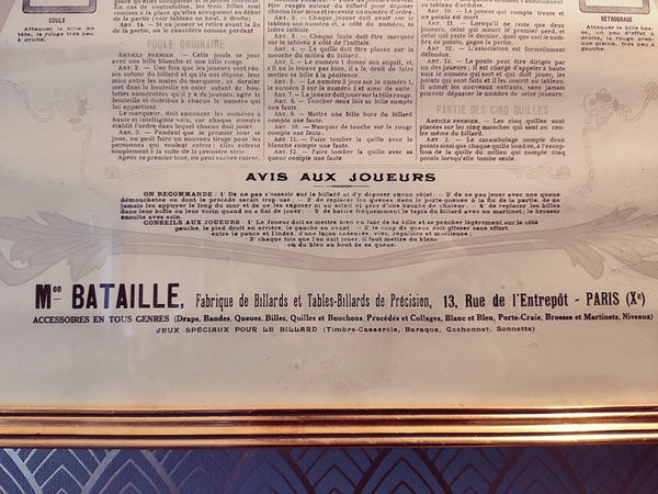 Cadre vintage "Nouvelles règles du jeu de billard" par le Pr Bataille - Le Sélectionneur - Brocante en ligne