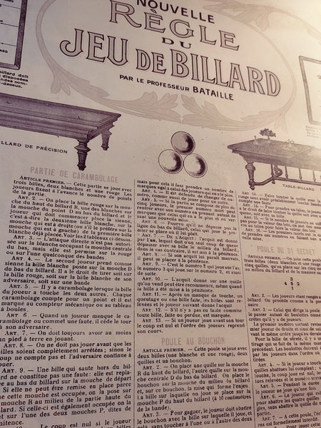Cadre vintage "Nouvelles règles du jeu de billard" par le Pr Bataille - Le Sélectionneur - Brocante en ligne