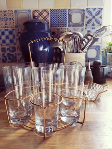 Ensemble de 6 verres soufflés et plateau avec support laiton - Années 60/70