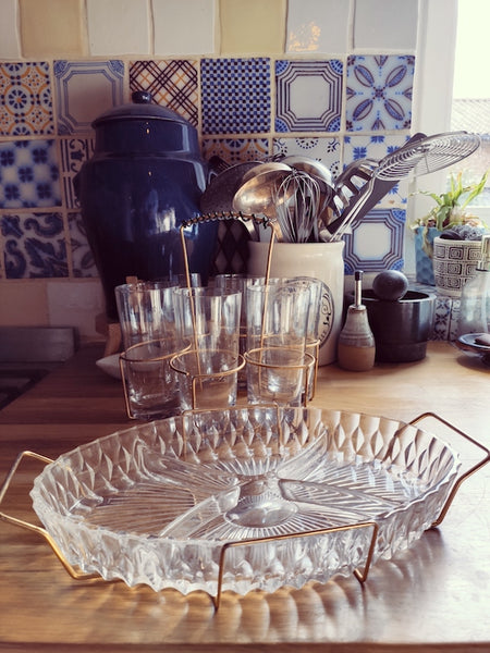 Ensemble de 6 verres soufflés et plateau avec support laiton - Années 60/70