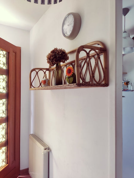 Etagère vintage en rotin et bois