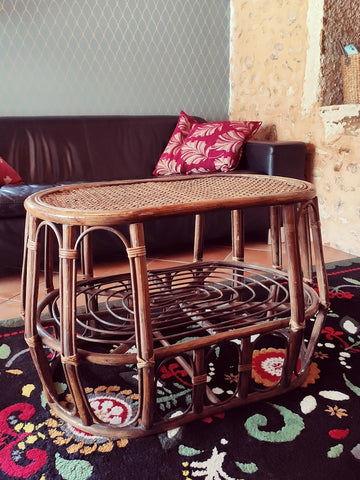Table basse vintage en rotin et cannage