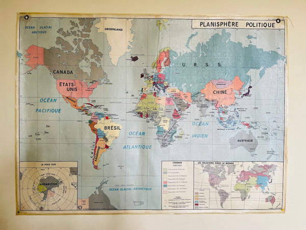 Carte scolaire vintage Planisphère politique et économique - La Maison des Instituteurs - 1970