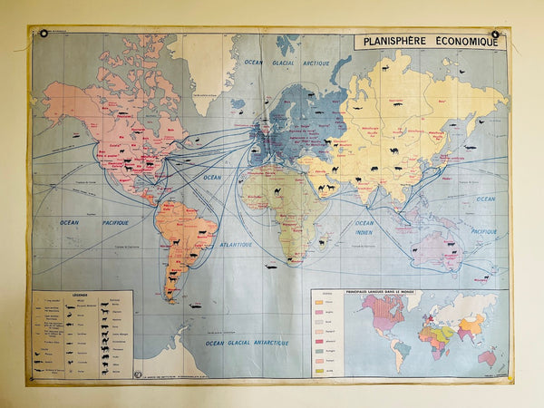 Carte scolaire vintage Planisphère politique et économique - La Maison des Instituteurs - 1970