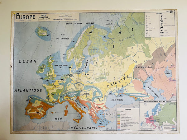 Carte scolaire vintage Europe politique et agricole - La Maison des Instituteurs - 1970
