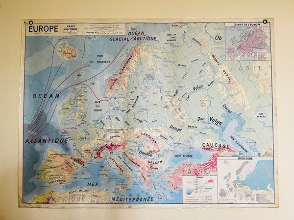 Carte scolaire vintage Europe physique - La Maison des Instituteurs - 1970