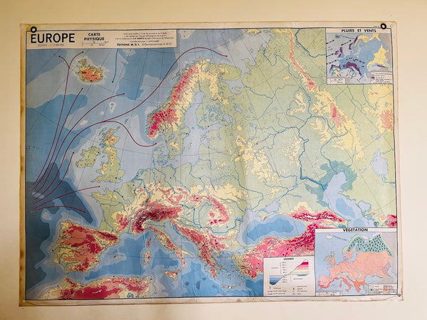 Carte scolaire vintage Europe physique - La Maison des Instituteurs - 1970