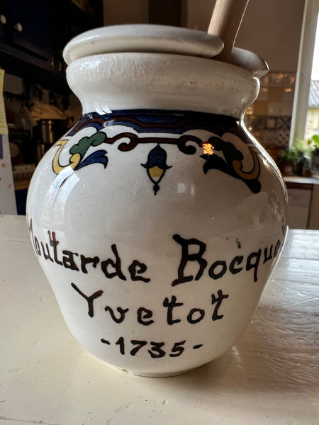 Pot de moutarde vintage Moutarde Bocquet Yvetot 1735 en faïence de Digoin - Années 30/40