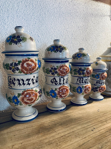 Lot de 4 pots vintages d'herboriste / apothicaire en céramique peinte à la main