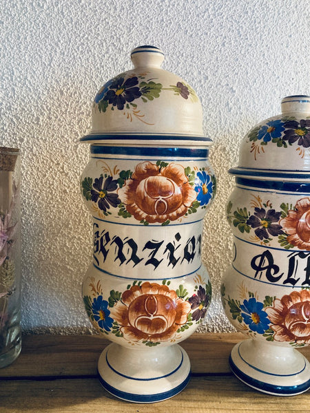 Lot de 4 pots vintages d'herboriste / apothicaire en céramique peinte à la main