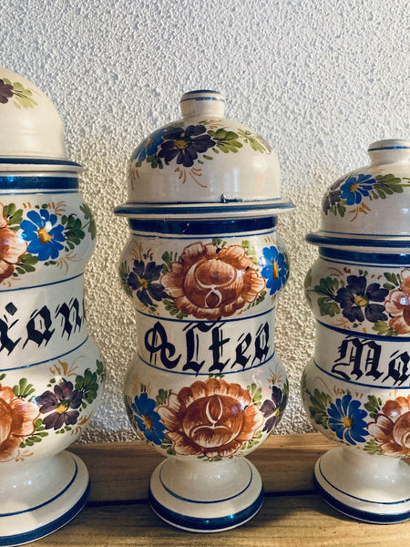Lot de 4 pots vintages d'herboriste / apothicaire en céramique peinte à la main