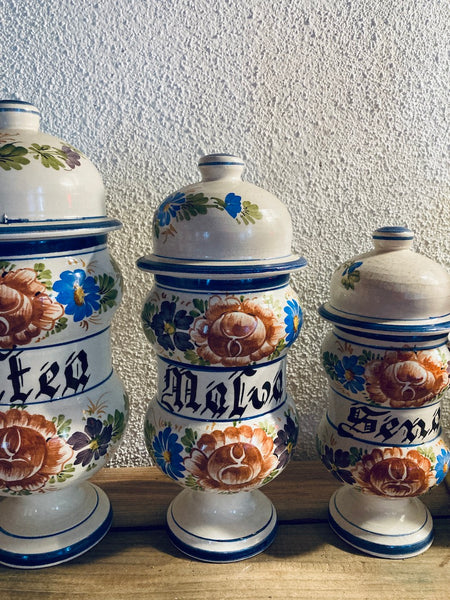 Lot de 4 pots vintages d'herboriste / apothicaire en céramique peinte à la main