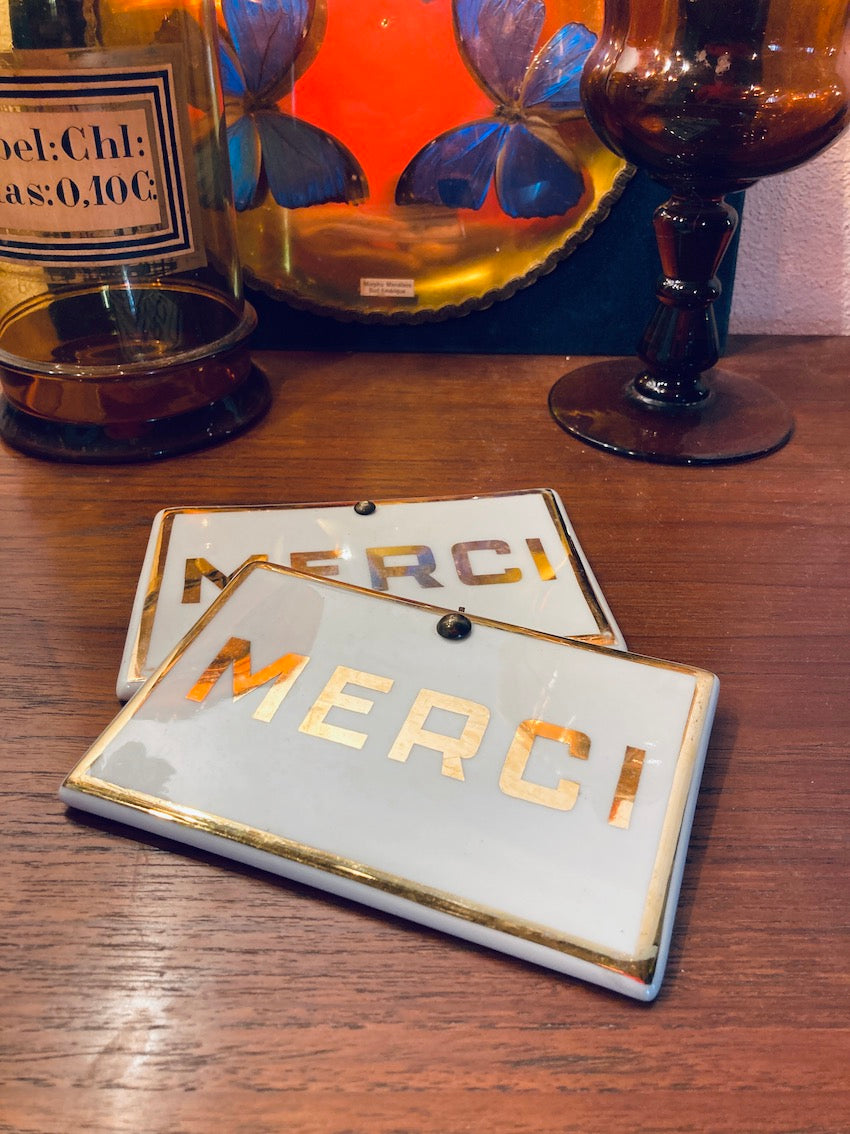 Plaque Merci vintage en porcelaine de Limoges signée SL
