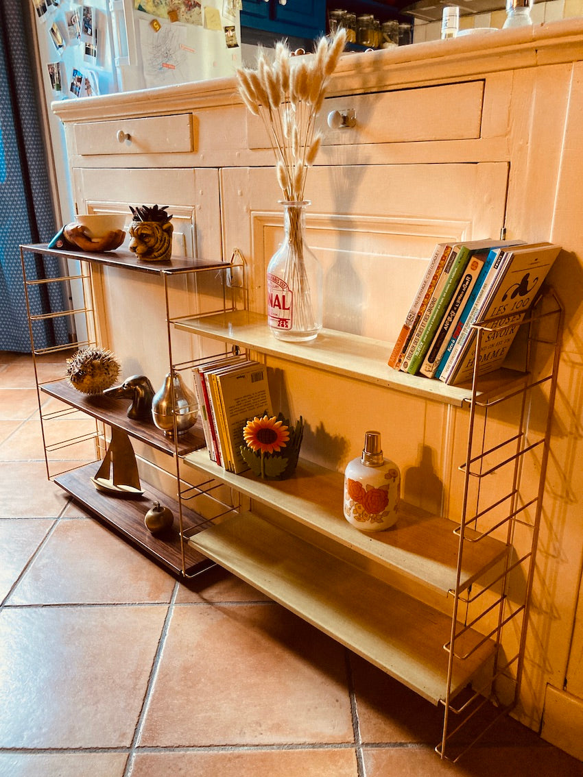 Double étagère modulaire et murale métallique vintage string - Années 60