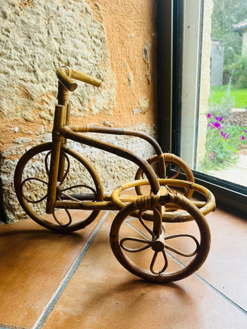 Porte-plante vintage en rotin en forme de bicyclette