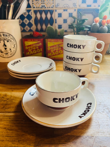 Lot de 4 tasses et sous-tasses vintages Choky en faïence