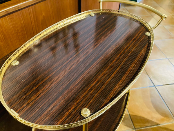 Desserte vintage à roulettes en laiton et formica marron