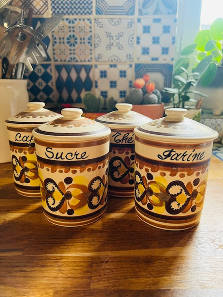 4 pots de cuisine vintages en faïence HB Quimper décorés à la main